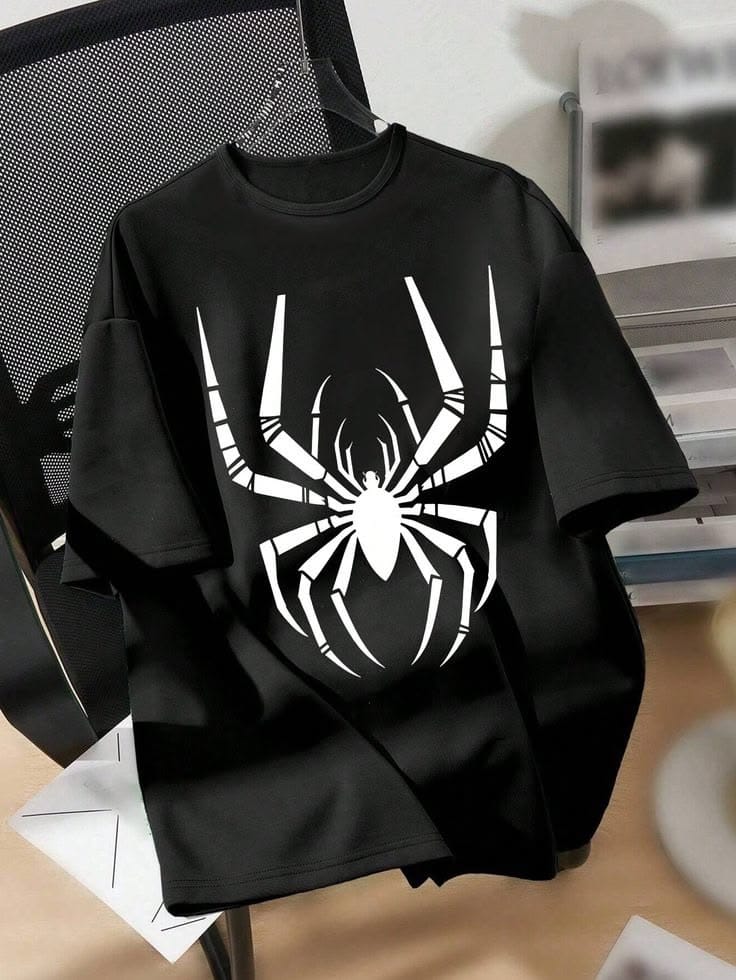 135bac1b2ae604dfe74a34f765cb9113 Large White Spider Graphic Oversized Black T-Shirt - Image 1