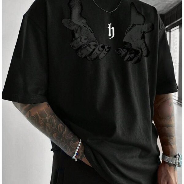 Reaching Hands & Gothic "h" Monogram Oversized White T-Shirt