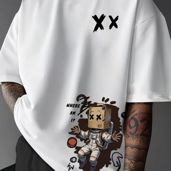 Box Head Astronaut "Where Am I?" Graphic Oversized White T-Shirt