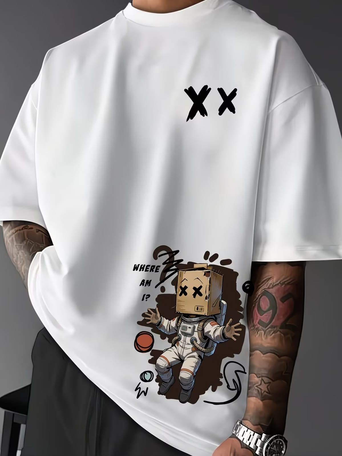 1db0ad1fcc867d1cacbea2548db4c5bf Box Head Astronaut "Where Am I?" Graphic Oversized White T-Shirt - Image 1