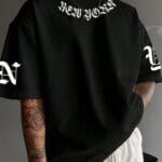 "New York" Gothic Neck and Sleeve Typographic Oversized Black T-Shirt