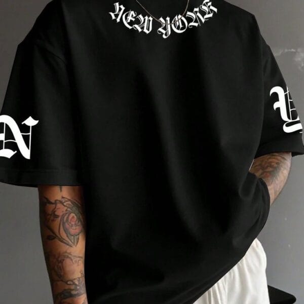 "New York" Gothic Neck and Sleeve Typographic Oversized Black T-Shirt