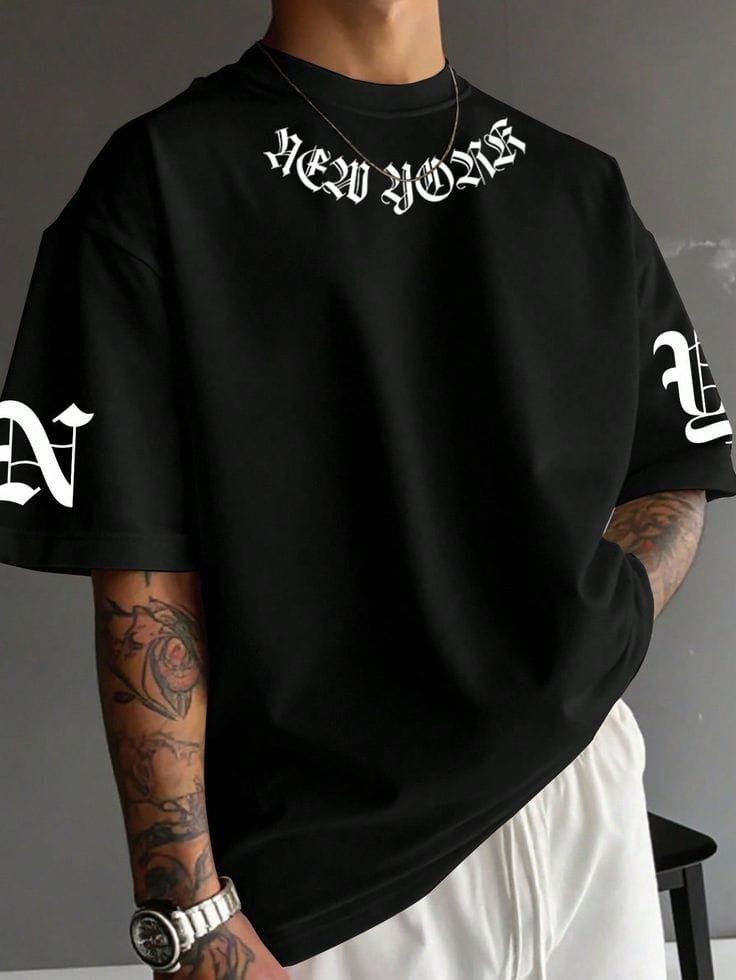 2e2a903aec1dc0ab507cdd88d9aac0e7 "New York" Gothic Neck and Sleeve Typographic Oversized Black T-Shirt - Image 1