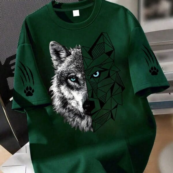 Geometric & Realistic Wolf Print Oversized Streetwear T-Shirt in Dark Green