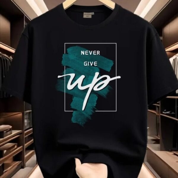 "Never Give Up" Teal Brushstroke Typographic Oversized Black T-Shirt