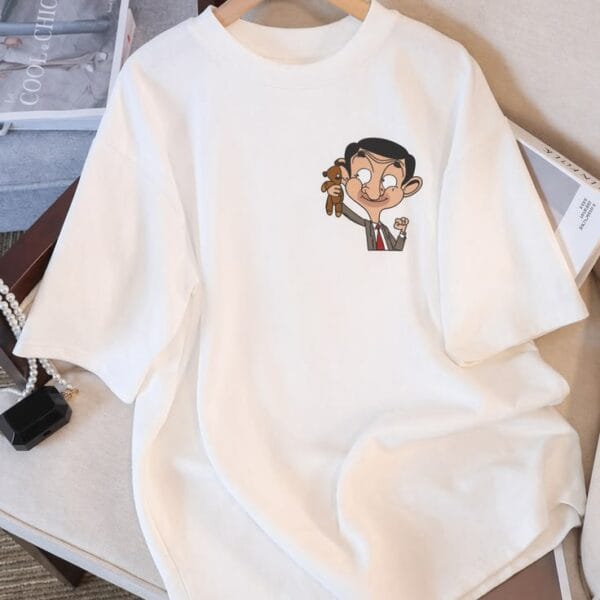 Mr. Bean with Teddy Cartoon Chest Graphic Oversized White T-Shirt