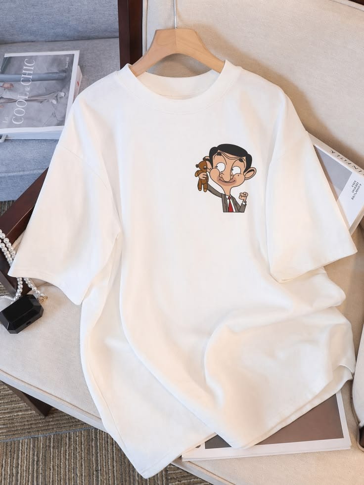 4258b31fc7c54e7890e0314ec54f9a0b Mr. Bean with Teddy Cartoon Chest Graphic Oversized White T-Shirt - Image 1