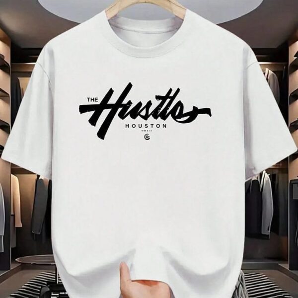 "The Hustles Houston" Brush Script Typography Oversized White T-Shirt