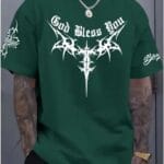 "God Bless You" Tribal Cross Typographic Oversized Dark Green T-Shirt