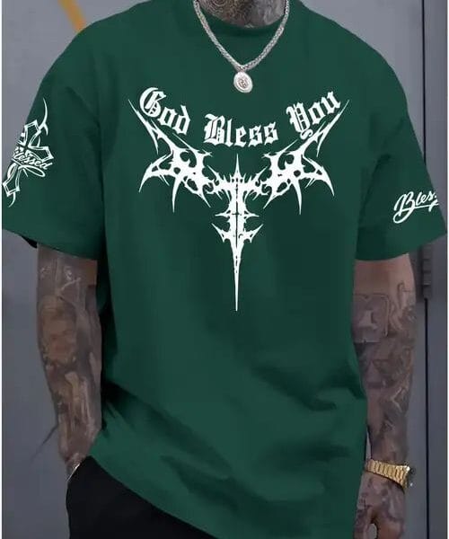 "God Bless You" Tribal Cross Typographic Oversized Dark Green T-Shirt