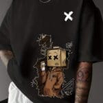 Box Head Character Graphic Oversized Black T-Shirt