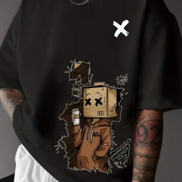 Box Head Character Graphic Oversized Black T-Shirt