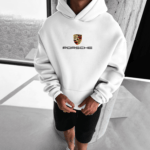 "Porsche 911" Car Graphic & Crest Logo Oversized White Hoodie - Image 2