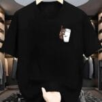 Hand Holding Styrofoam Cup Chest Graphic Oversized Black T-Shirt