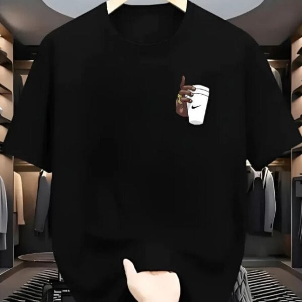 Hand Holding Styrofoam Cup Chest Graphic Oversized Black T-Shirt