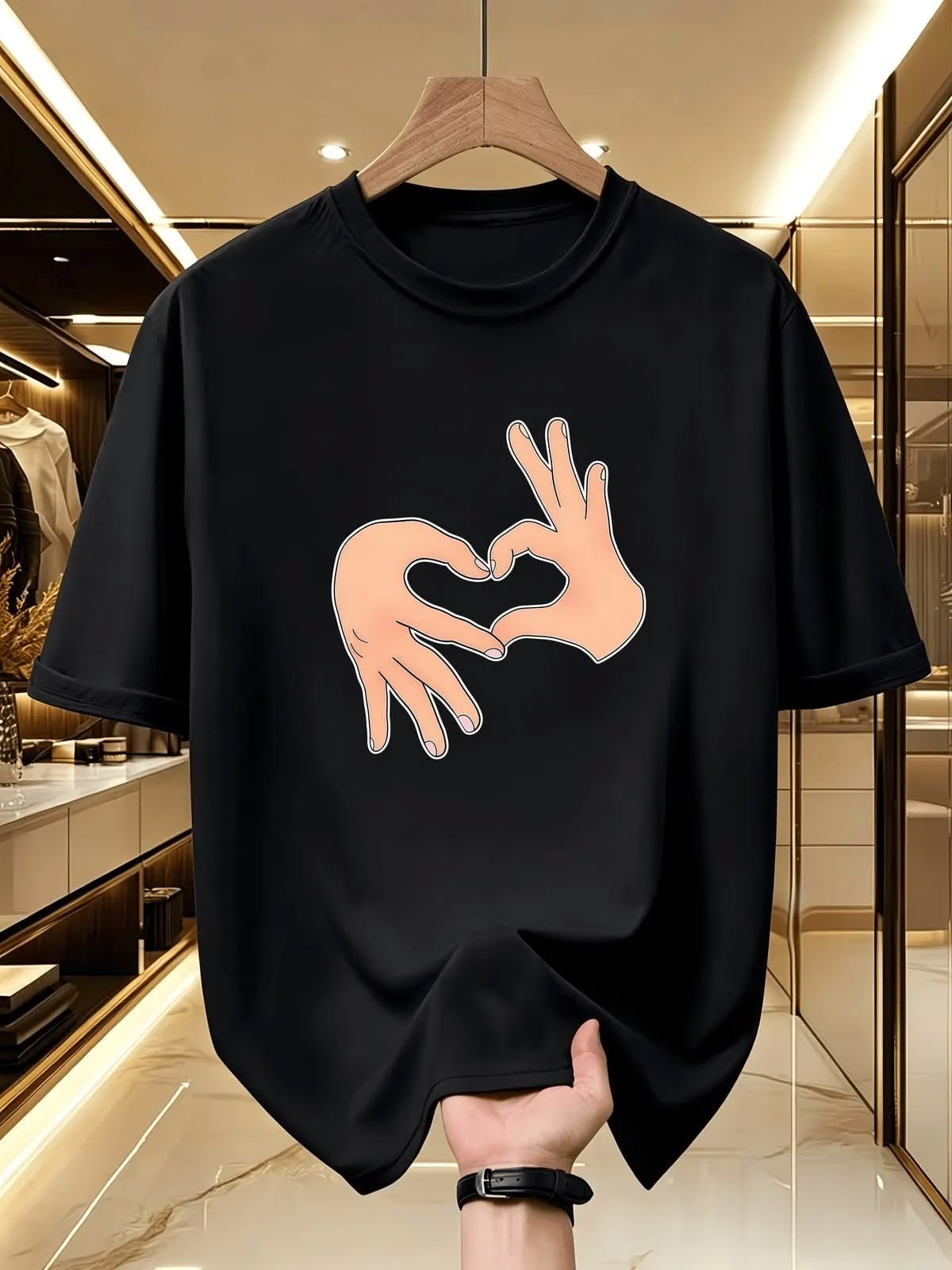 8c6c5dfb3db591f5835312ada7a3fb20 (1) Hand Heart Gesture Cartoon Graphic Oversized Black T-Shirt - Image 1