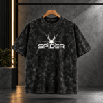"Spider" Typographic & Arachnid Graphic Acid Wash Oversized Black T-Shirt