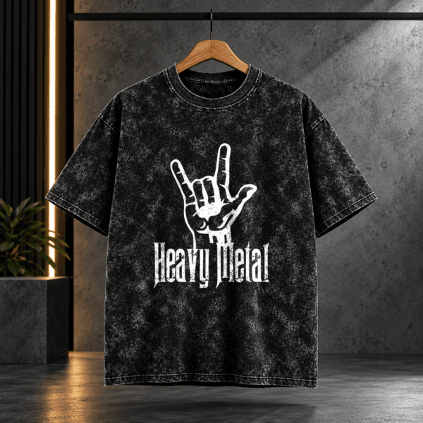 "Heavy Metal" Hand Sign Acid Wash Oversized Black T-Shirt