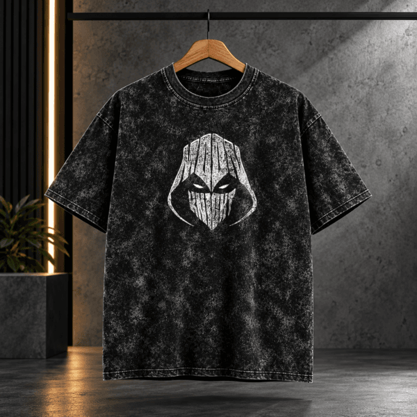 "Moon Knight" Hooded Mask Typographic Acid Wash Oversized Black T-Shirt