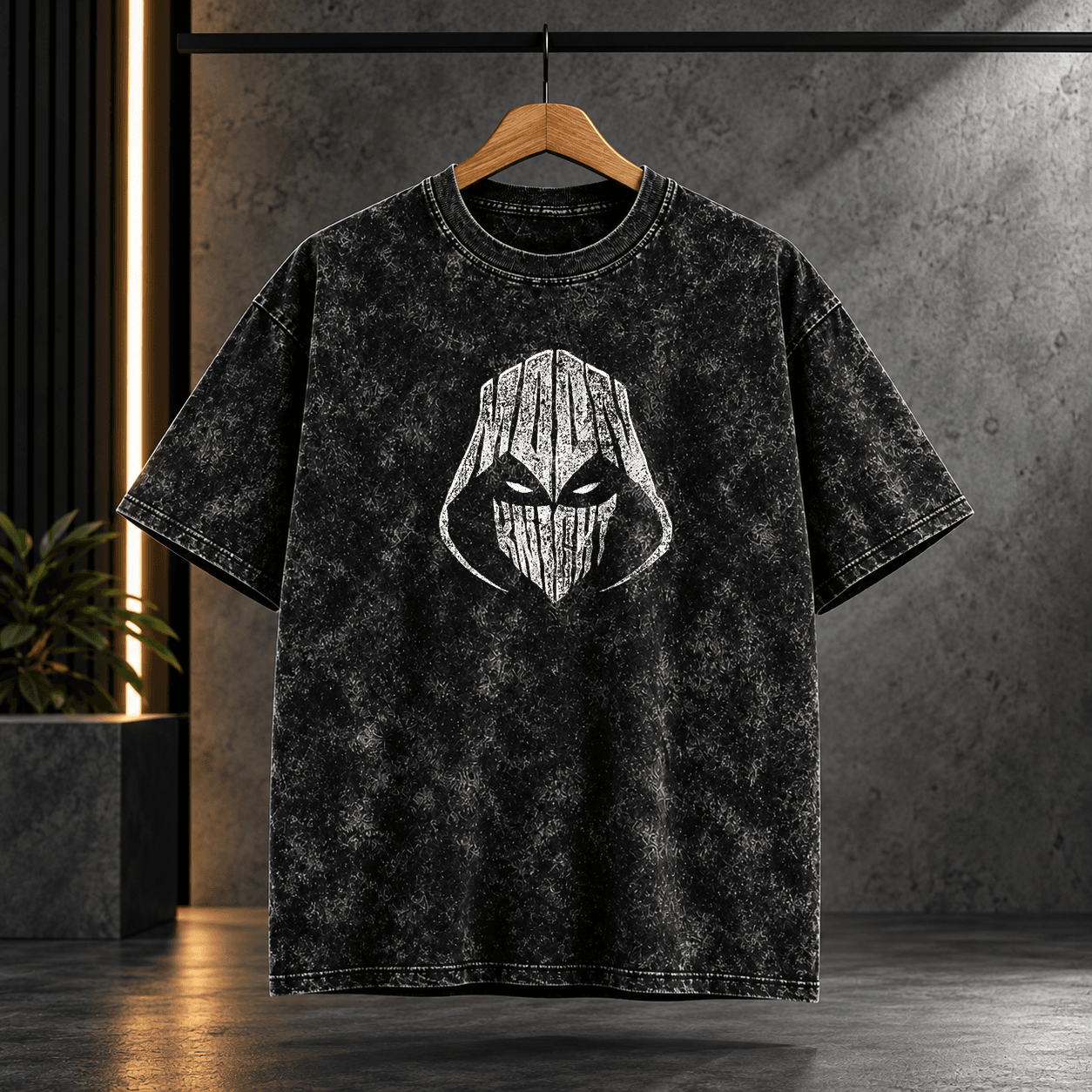 Acid wash68 "Moon Knight" Hooded Mask Typographic Acid Wash Oversized Black T-Shirt - Image 1