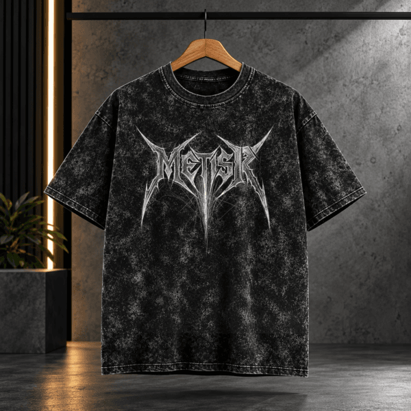 Gothic Metal Typographic Acid Wash Oversized Black T-Shirt