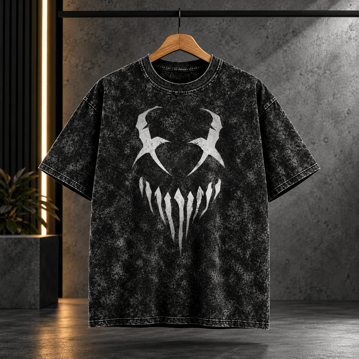 Acid wash71 Vicious Grin & Slit Eyes Acid Wash Oversized Black T-Shirt - Image 1