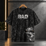 "BAD" Red-Eyed Skull Acid Wash Oversized Black T-Shirt