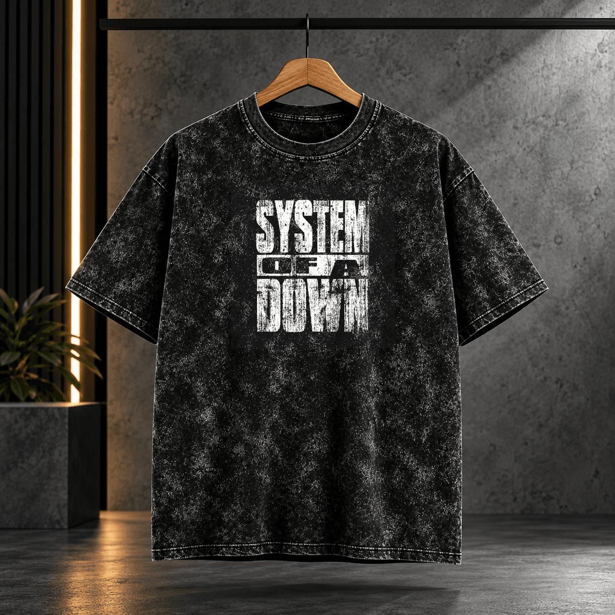 Acid wash73 "System of a Down" Stencil Typography Acid Wash Oversized Black T-Shirt - Image 1
