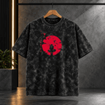 Anime Red Moon Silhouette Acid Wash Oversized Black T-Shirt