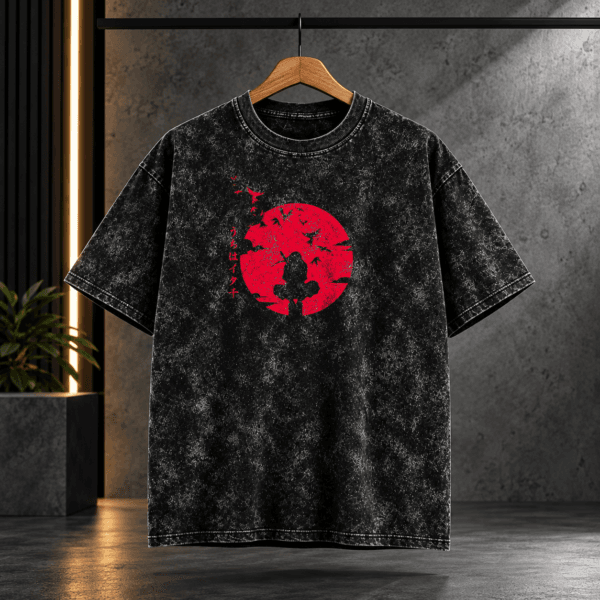 Anime Red Moon Silhouette Acid Wash Oversized Black T-Shirt