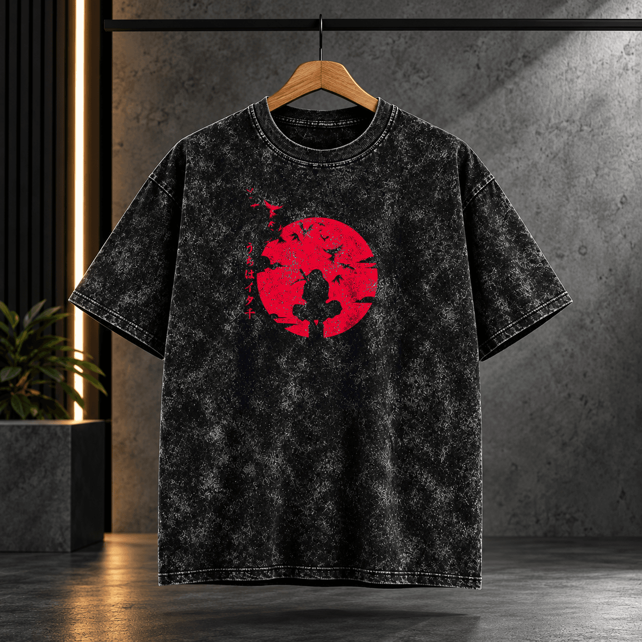 Acid wash75 Anime Red Moon Silhouette Acid Wash Oversized Black T-Shirt - Image 1