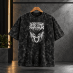 Brutal Death Metal Logo & Menacing Grin Acid Wash Oversized Black T-Shirt