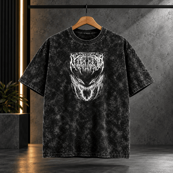 Brutal Death Metal Logo & Menacing Grin Acid Wash Oversized Black T-Shirt
