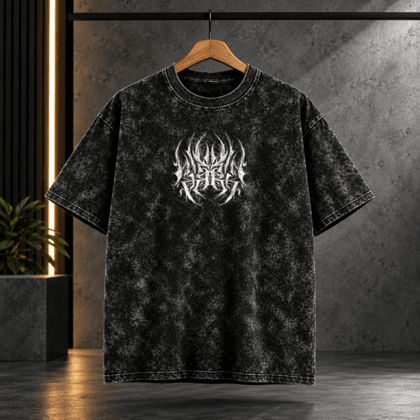 Symmetrical Spiky Tribal Sigil Acid Wash Oversized Black T-Shirt