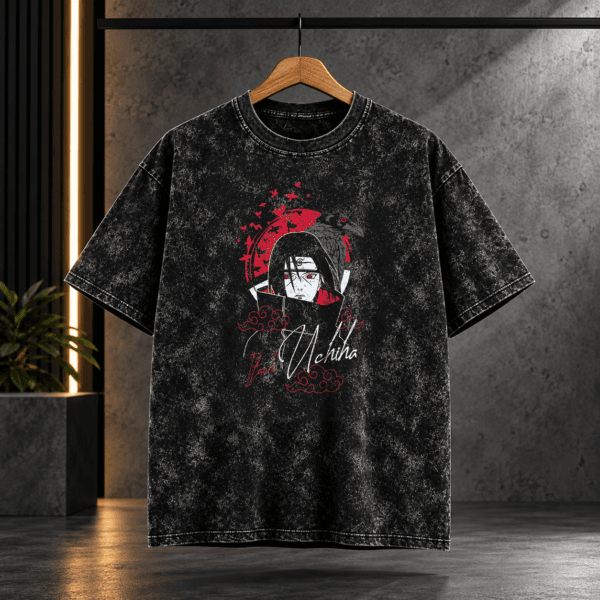 "Itachi Uchiha" Red Moon & Crow Acid Wash Oversized Black T-Shirt