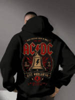 "AC/DC Hells Bells" Rock Band Graphic Oversized Black Hoodie