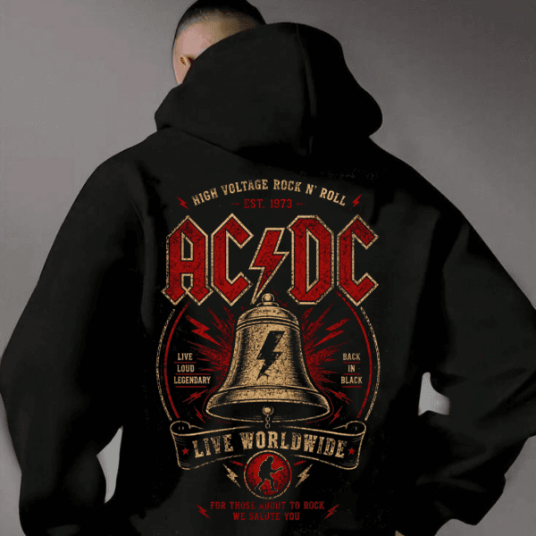 "AC/DC Hells Bells" Rock Band Graphic Oversized Black Hoodie