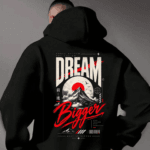 "Dream Bigger" Japanese Mountain Landscape Graphic Oversized Black Hoodie