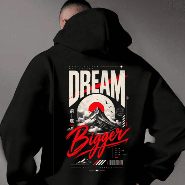 "Dream Bigger" Japanese Mountain Landscape Graphic Oversized Black Hoodie