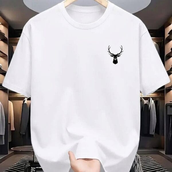 Minimalist Stag Deer Head Chest Logo Oversized White T-Shirt
