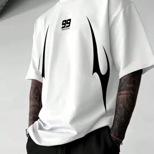 Men's White Oversized Graphic T-Shirt – Black Abstract Print