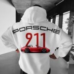 "Porsche 911" Car Graphic & Crest Logo Oversized White Hoodie