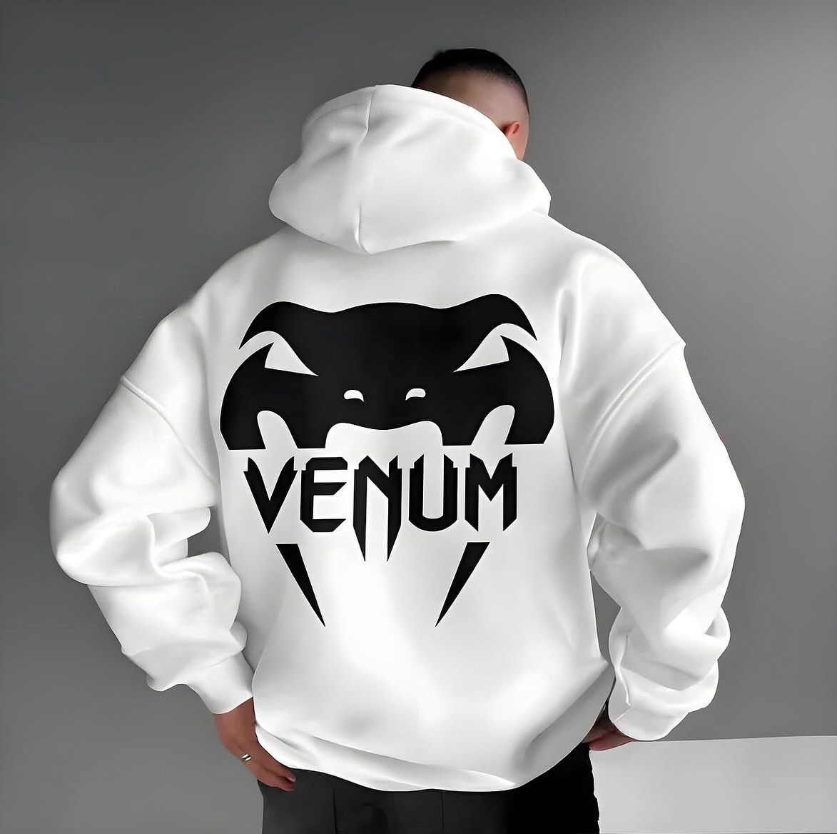 IMG_5495 "Venum" Snake Head Logo Oversized White Hoodie - Image 1