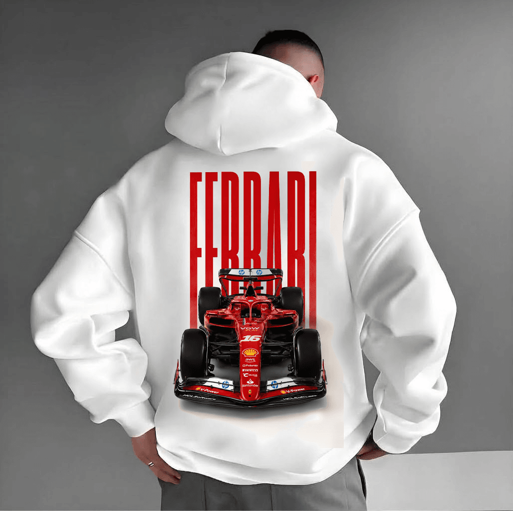 IMG_55061 "Scuderia Ferrari F1" Racing Car Graphic Oversized White Hoodie - Image 1