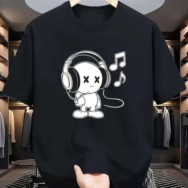 Music Headphone Cartoon Character Oversized Black T-Shirt