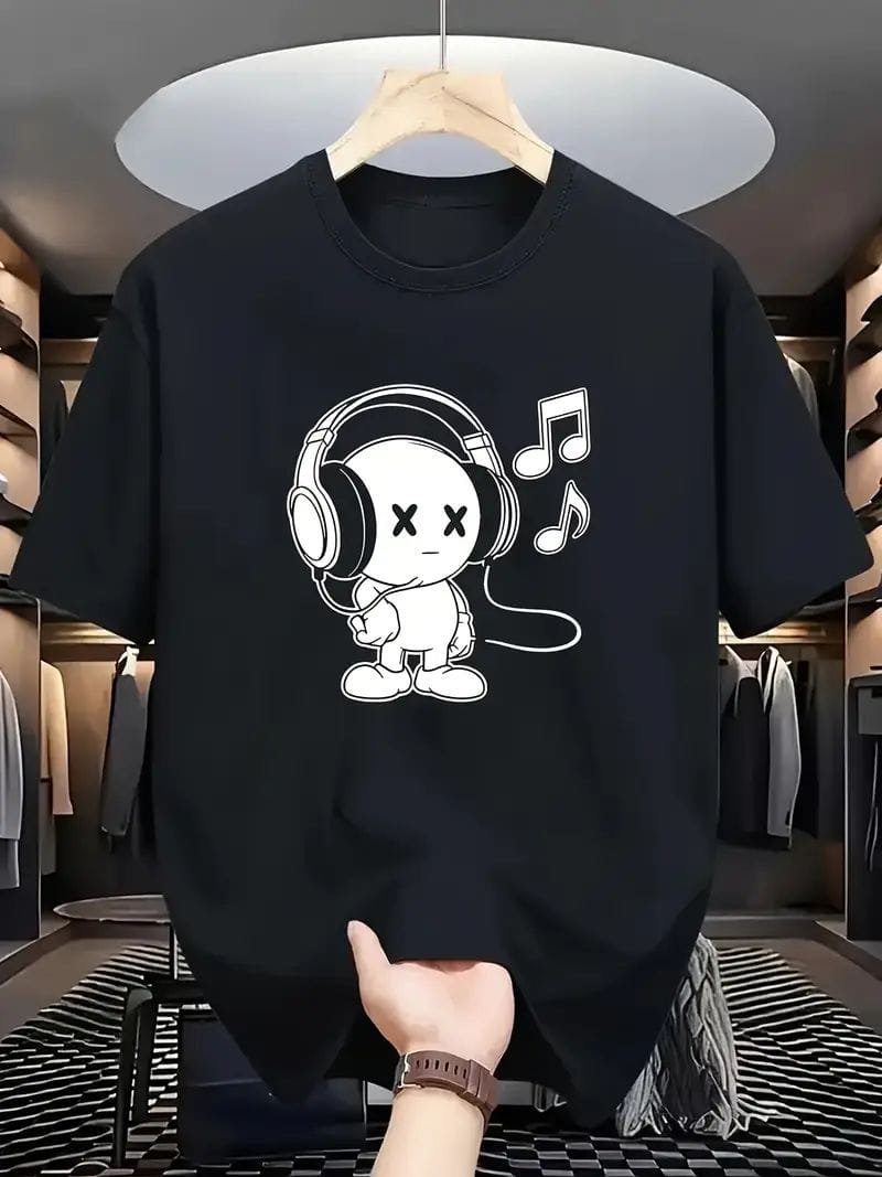 aaf4432132f0fe23b079d68f145945cd Music Headphone Cartoon Character Oversized Black T-Shirt - Image 1