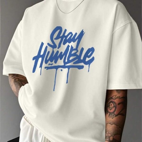 "Stay Humble" Blue Graffiti Typographic Oversized White T-Shirt