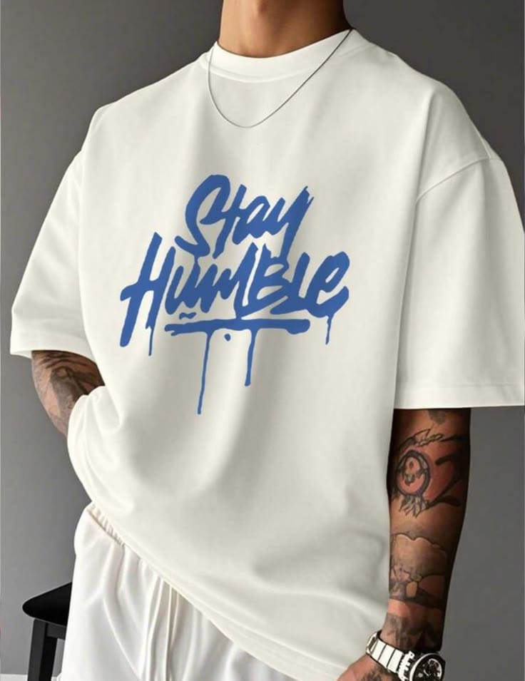ab3e019f9efd706ae284e736096dbd84 "Stay Humble" Blue Graffiti Typographic Oversized White T-Shirt - Image 1