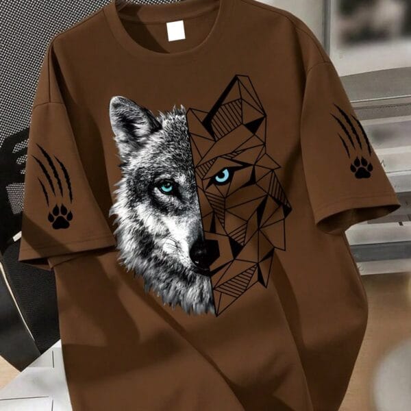 Half Geometric Half Realistic Wolf Graphic Oversized Brown T-Shirt