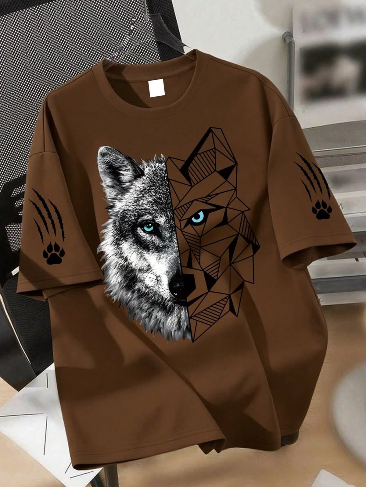 b8ad1580459e8460623fe1ef40be7bcf Half Geometric Half Realistic Wolf Graphic Oversized Brown T-Shirt - Image 1